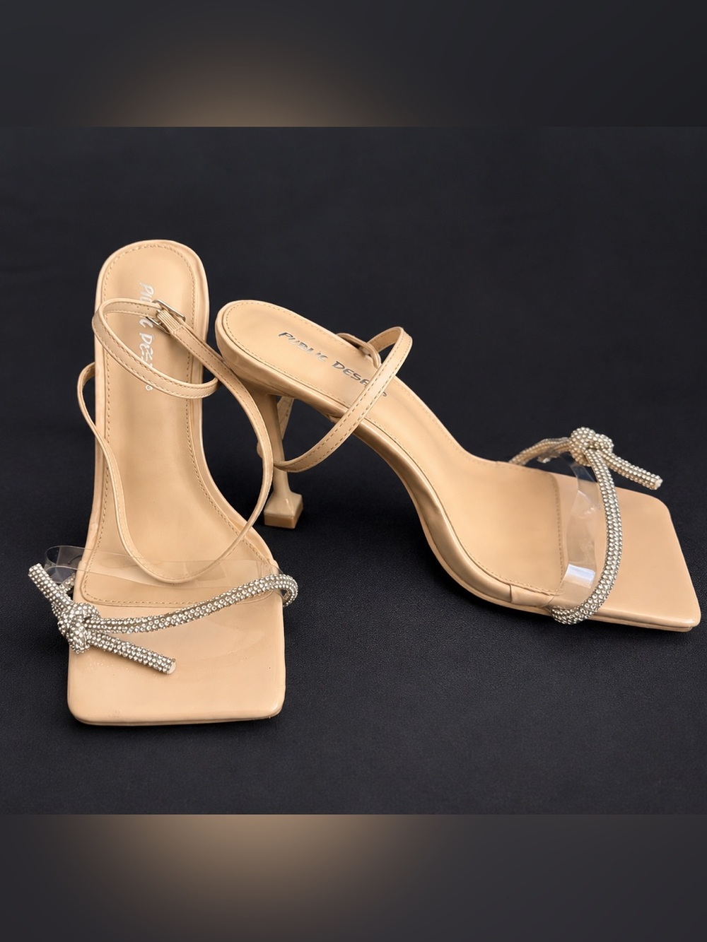 Public Desire Beige Rhinestone Knot Strappy Heels